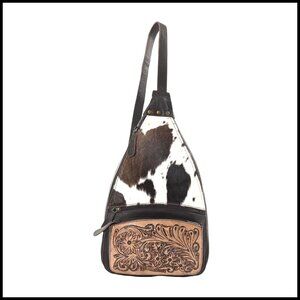 Genuine Cowhide Leather Sling Backpack Crossbody Bag Tooled Design